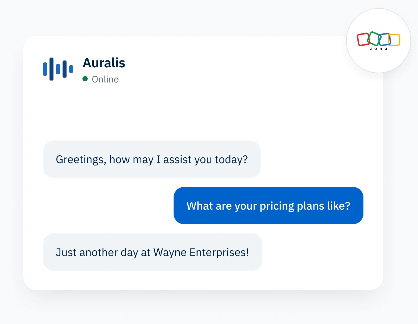 The Auralis chat widget answering a customer, connected to Zoho Desk